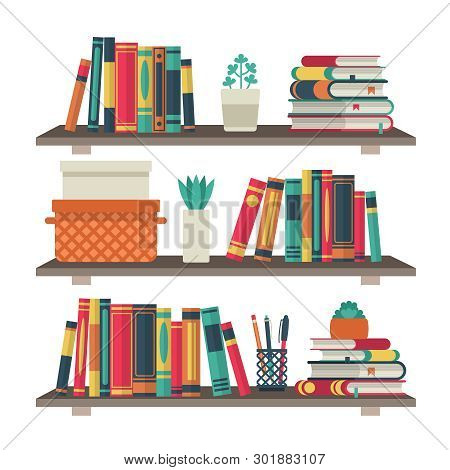 Flat Bookshelves. Shelf Book In Room Library, Reading Book Office Shelf Wall Interior Study School B