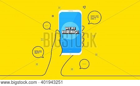 Were Hiring Symbol. Hand Hold Phone. Yellow Banner With Continuous Line. Recruitment Agency Sign. Hi