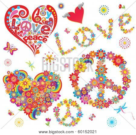 Set of peace flower symbol and floral hearts