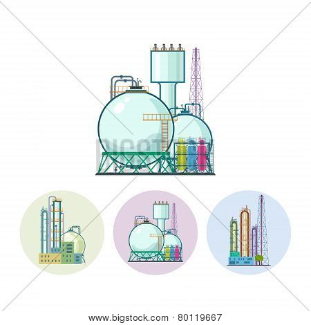 Set Icons Of A Chemical Plant Or Refinery Processing, Vector Illustration