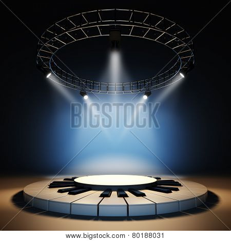 A 3d illustration of blank template layout of empty jazz music stage. Stage illuminated by spotlights at blue background. Stage empty to place your text, logo or object.