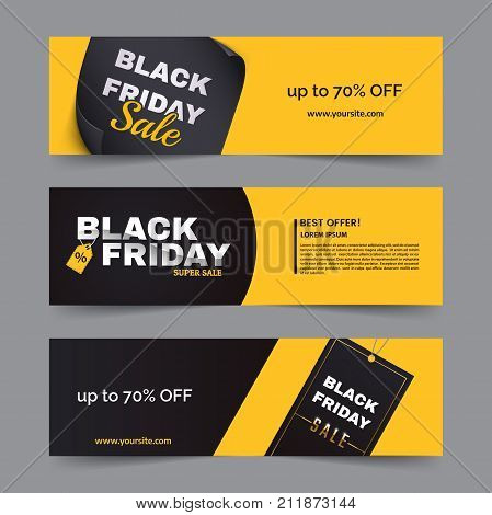 Black friday horizontal banner set. Black friday sale logo on yellow and dark background with geometric shapes. Minimalistic discount flyers. Vector eps 10