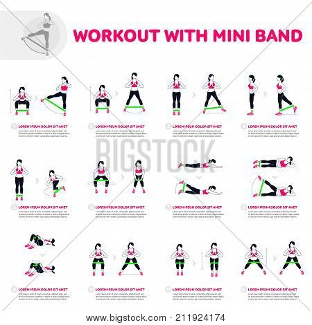 Workout with mini band. Fitness, Aerobic and workout exercise in gym. Vector set of gym icons in flat style isolated on white background. People in gym. Gym equipment.