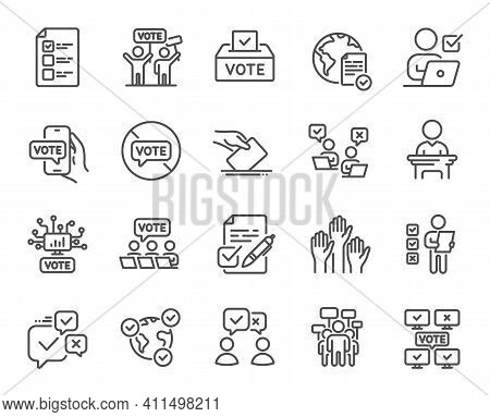 Voting Line Icons. Public Election, Vote Box, Ballot Paper Icons. Candidate, Politics Voting And Peo