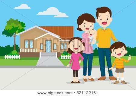 Happy Family In The Background Of His Home. Father, Mother, Son And Daughter Together Outdoors.famil