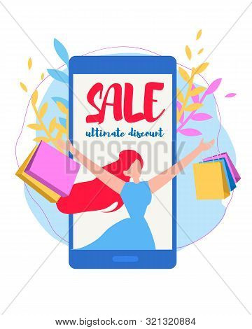 Happy Woman With Shopping Bags In Mobile Phone Screen Flat Cartoon Banner Vector Illustration. Doing