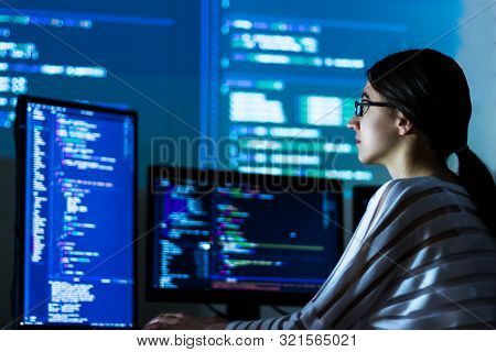 Software Developer Freelancer Woman Female In Glasses Work With Program Code C++ Java Javascript On 