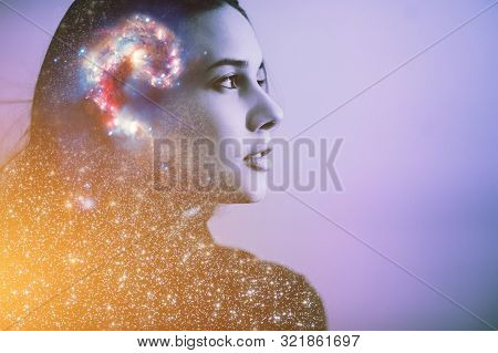 Double Multiply Exposure Abstract Portrait Of A Dreamy Cute Young Woman Face With Galaxy Universe Sp