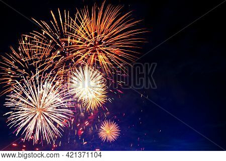 Fireworks On The Background Of The Dark Night Sky. 4th July - American Independence Day