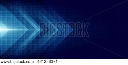 Abstract Blue Arrow Glowing With Lighting And Line Grid On Blue Background Technology Hi-tech Concep