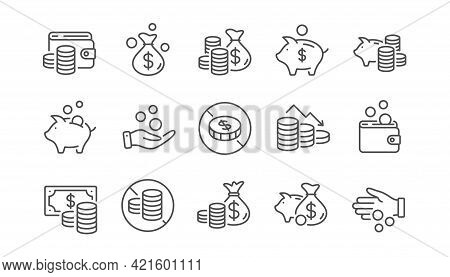 Coins Line Icons. Cash Money, Donation Coins, Give Tips Icons. Business Income, Piggy Bank, Loan. Mo