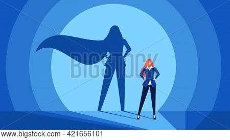 Businesswoman With Superhero Shadow. Strong, Confident And Successful Business Woman. Leadership, Co