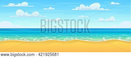 Cartoon Summer Beach. Paradise Nature Vacation, Ocean Or Sea Seashore. Sea Beach Landscape. Cartoon 