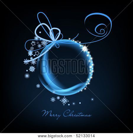 Christmas card, sparkling glass Christmas ball over dark background