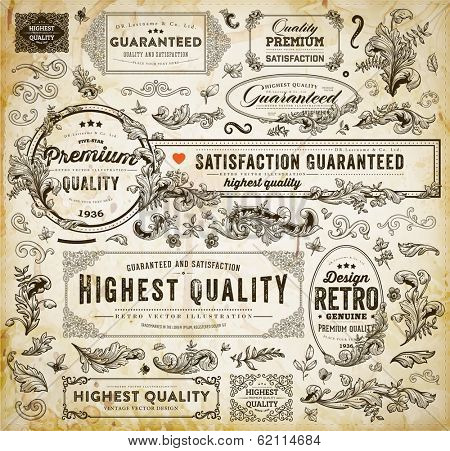 Vector Set of Calligraphic Design Elements: Page Decoration, Premium Quality and Satisfaction Guarantee Label, Antique and Baroque Frames | Old Paper Texture with dirty coffee cup stains.