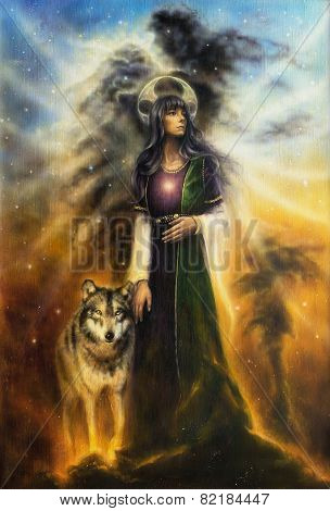 A Beautiful Oil Painting On Canvas Of A Mystical Fairy Priestess With A Wolf By Her Side