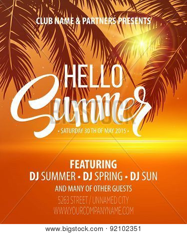 Hello Summer Beach Party Flyer. Vector Design