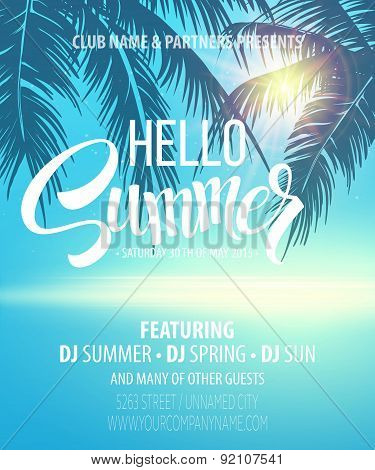 Hello Summer Beach Party Flyer. Vector Design