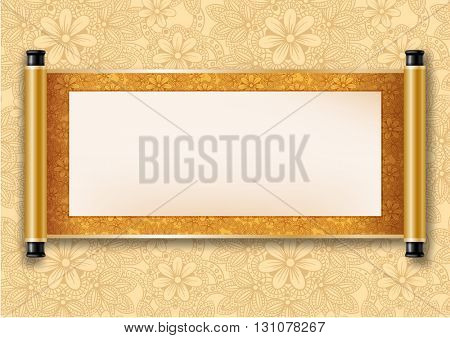 Chinese festive vector card with deployed ancient scroll. Golden floral pattern on scroll and on background. There is a place for your text, calligraphy or painting. Colored vector illustration.