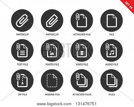 Attached file vector icons set.  Icons for digital devices. Functions for work with multimedia content, attached files, audio and video files, photo, archive, paperclip. Isolated on white background