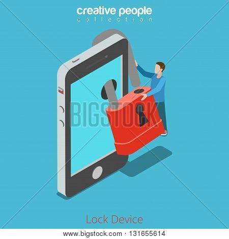 Lock your device secure content concept. Micro man locking lock over smartphone screen. Flat 3d isometry isometric style web site app icon set concept vector illustration. Creative people collection.