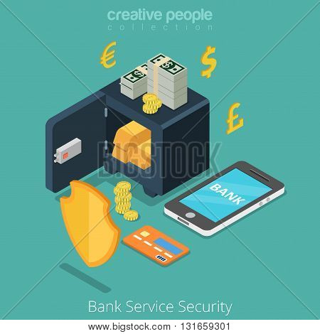 Bank Service Security mobile safe anti fraud banking concept. Money currency coin shield credit card currency. Flat 3d isometric isometry conceptual web site vector illustration.