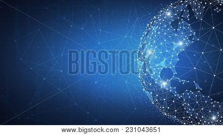 Blockchain technology futuristic hud background with world globe and blockchain polygon peer to peer network. Global cryptocurrency blockchain business banner concept.