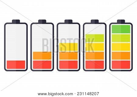 Illustration Of Battery Level Indicators. Battery Life, Accumulator, Battery Running Low, Battery Re