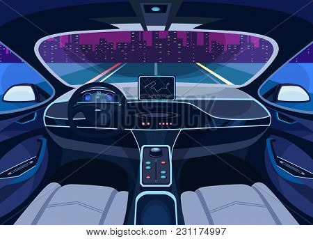 Interior View On Futuristic Self-driving Car On Road At Cityscape. Automobile On Autopilot, Automati