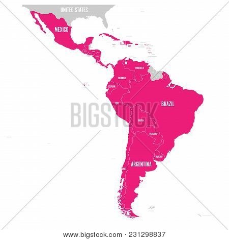 Political Map Of Latin America. Latin American States Pink Highlighted In The Map Of South America, 