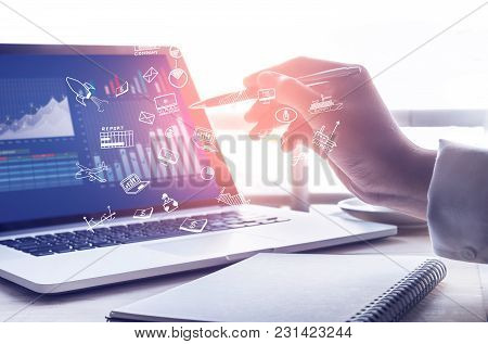 Businessman Using Modern Laptop With Graph.business Startup.analyze Strategy Concepts Businessman Us