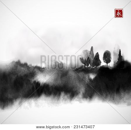 Stylized Black Ink Wash Painting With Misty Forest Trees On White Background. Traditional Oriental I