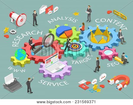 Digital Marketing Flat Isometric Vector Concept. Renders Dm As Gears With Names Www, Research, Analy