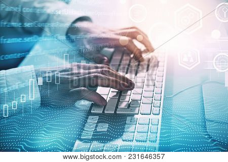 Hands Typing On Computer Keyboard Placed On Abstract Background With Glowing Digtal Interface. Innov