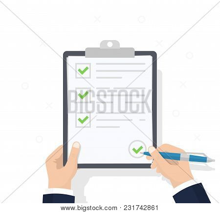 Businessman Hands Holding Clipboard Checklist With Pen. Checklist, Complete Tasks, To-do List, Surve