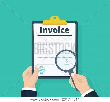 Man Hold Invoice In Hand. Order Symbol Concept. Tax Sign Design. Payment And Bill Invoice. Paper Inv