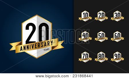 Set Of Anniversary Logotype. Anniversary Celebration Emblem With Ribbon Design For Booklet, Leaflet,