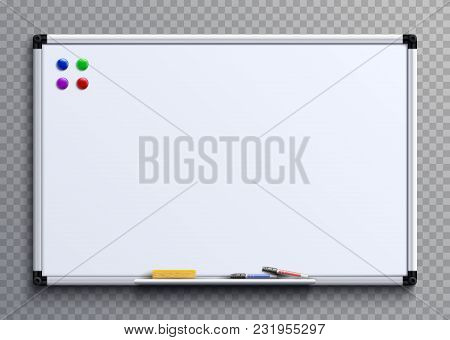 Empty Whiteboard With Marker Pens And Magnets. Business Presentation Office White Board Isolated Vec