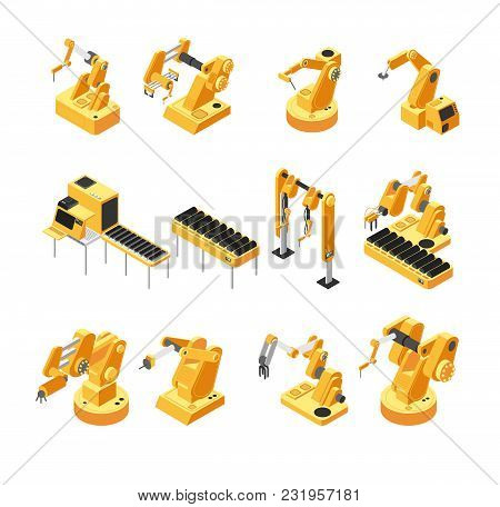 Industry Robot Machinery, Mechanical Arm Isometric Vector Set. Machinery Robot And Robotic Isometric