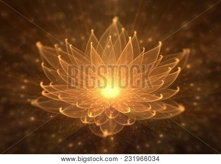 Radiant Orange Lotus With Rays Of Light, Water Lily, Enlightenment Or Meditation And Universe, Magic