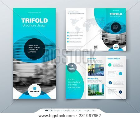 Tri Fold Brochure Design. Blue Business Template For Tri Fold Flyer. Layout With Modern Circle Photo