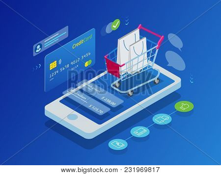 Isometric Smart Phone Online Shopping Concept. Online Store, Shopping Cart Icon. Ecommerce. Vector I