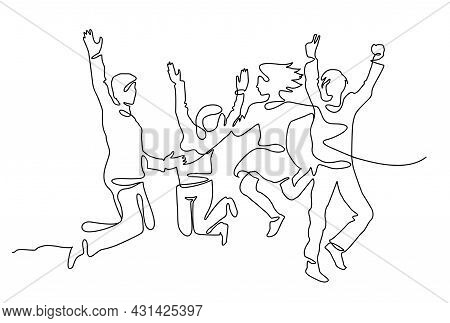 Continuous Line Drawing Of Happy People Team Jumping Joy. People Jumping One Line Continuous Line Dr