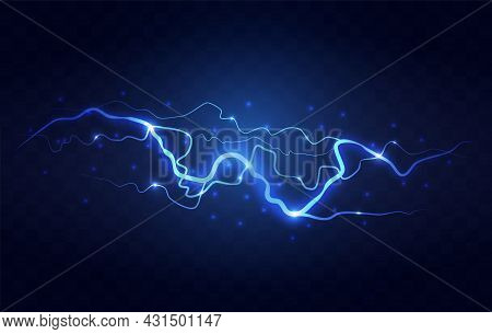 Abstract Blue Lightning On Black Background. Blitz Lightning Thunder Light Sparks Storm Flash Thunde