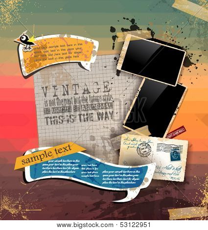 Vintage scrapbook composition with old style distressed postage design elements and antique photo frames plus some post stickers. Background is wood.