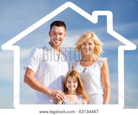 home, happiness and real estate concept - happy family over blue sky background and house shaped illustration