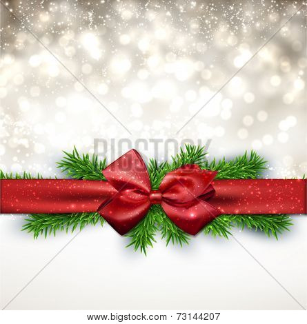 Winter background with crystallic snowflakes with red gift bow. Christmas fir tree decoration. Vector. 