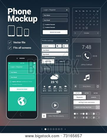 Modern mobile phone user interface elements kit for mobile apps development, websites design or other mockups. Vector graphic set on blurred background