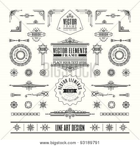 Set Of Linear Thin Line Art Deco Retro Vintage Design Elements With Frame Corner