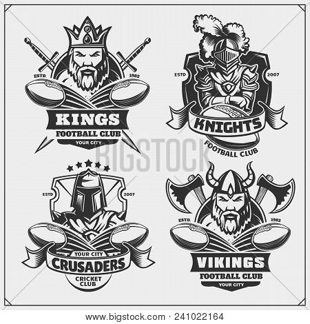 Football Badges, Labels And Design Elements. Sport Club Emblems With King, Crusader, Knight And Viki